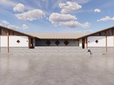 Traditional Garden Landscape With Courtyard Architecture Wooden Frames And Stone Pavement 3d model