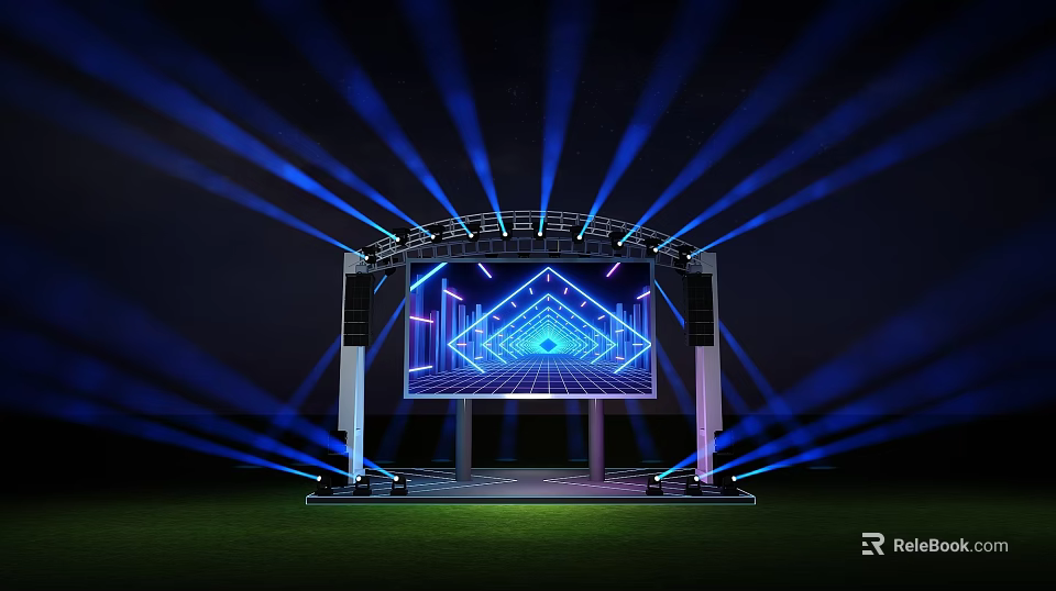 Outdoor Stage With Blue Laser Lights And Large Screen Displaying Geometric Patterns 3d model 