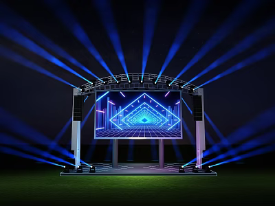 Outdoor Stage With Blue Laser Lights And Large Screen Displaying Geometric Patterns 3d model