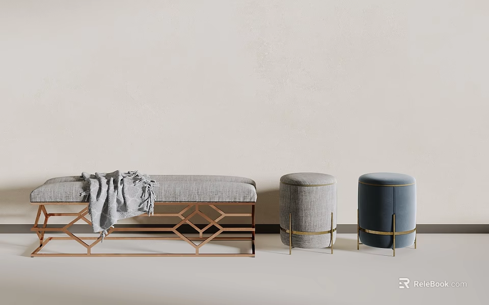 Gray Bench With Gray Blanket And Blue Stools Featuring Geometric Metal Frame In Interior 3d model 