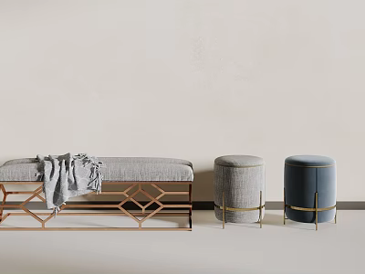 Gray Bench With Gray Blanket And Blue Stools Featuring Geometric Metal Frame In Interior 3d model