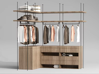 Open Wooden Closet Design With Hanging Clothes Folded Items And Shoe Storage 3d model