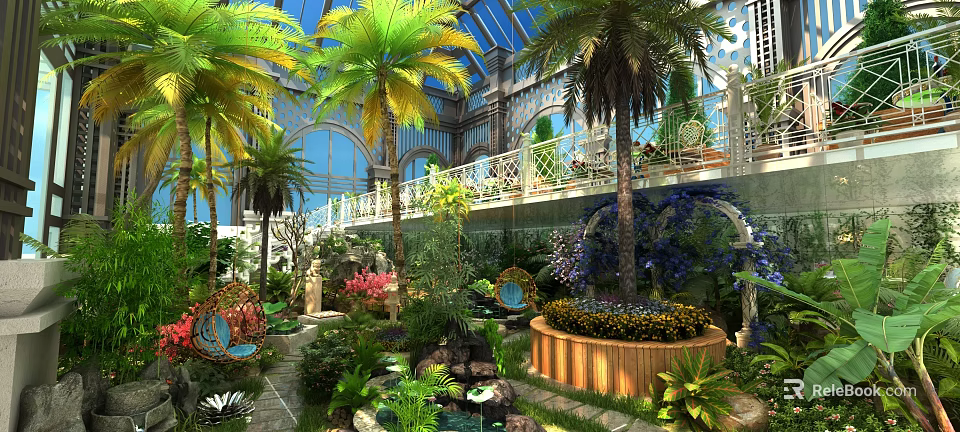 Lush Indoor Landscape With Glass Roof Arched Windows Palm Trees And Various Plants 3d model 