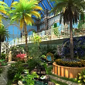 Lush Indoor Landscape With Glass Roof Arched Windows Palm Trees And Various Plants
