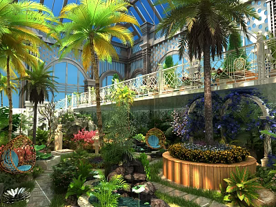 Lush Indoor Landscape With Glass Roof Arched Windows Palm Trees And Various Plants 3d model