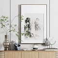 Modern Style Wooden Entryway Console Cabinet with Rattan Accents Decorative Artwork and Green Plant