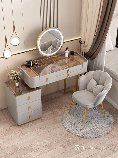 Elegant Modern Dressing Table With Golden Legs Mirror And Grey Chair 3d model 