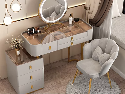 Elegant Modern Dressing Table With Golden Legs Mirror And Grey Chair 3d model