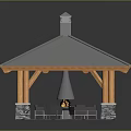 Open Pavilion Structure With Gray Slate Roof Wooden Columns Stone Bases And Seating Area