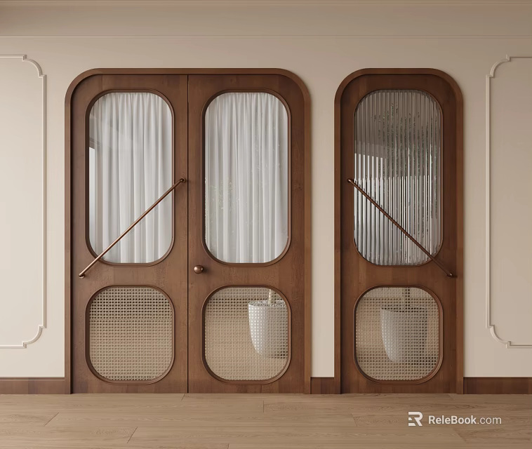 Wooden Swing Doors with Arched Glass Panels and Grid Patterns in Modern Interior Space 3d model 