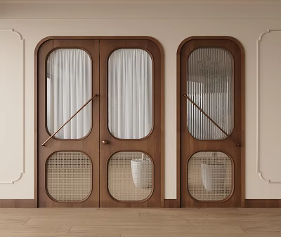 Wooden Swing Doors with Arched Glass Panels and Grid Patterns in Modern Interior Space 3d model