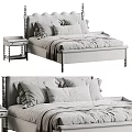American Retro Solid Wood Double Bed With Upholstered Headboard And Matching Wooden Bedside Tables