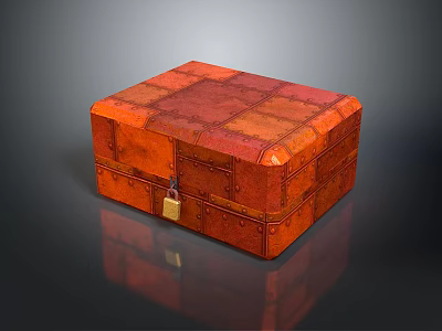 Vintage Orange Leather Storage Box With Patchwork Texture And Gold Lock 3d model