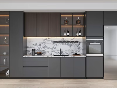 Modern Kitchen Wine Cabinet Design With Dark Cabinets Marble Countertop Wine Display And Ambient Lighting 3d model