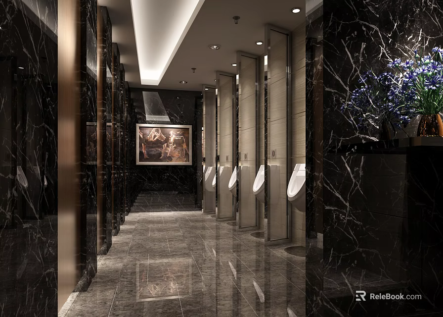 Luxurious Public Toilet Interior With Marble Walls Floors Urinals Decorative Painting And Purple Flowers 3d model 
