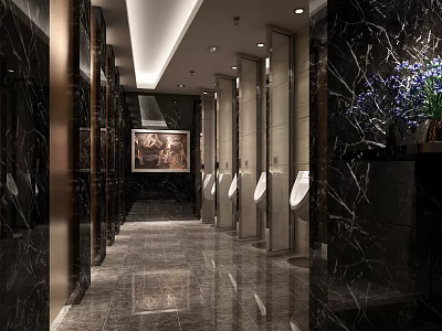 Luxurious Public Toilet Interior With Marble Walls Floors Urinals Decorative Painting And Purple Flowers 3d model