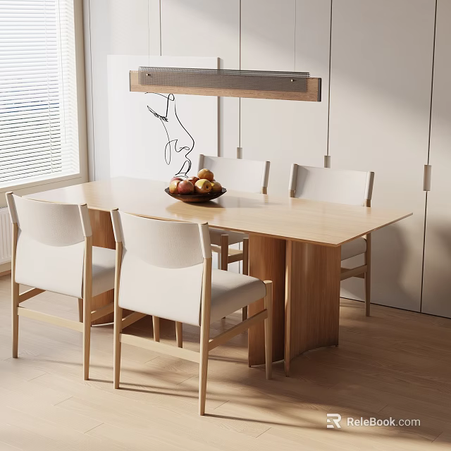 Modern Wooden Dining Table With Light Colored Chairs And Fruit Bowl Under Pendant Light 3d model 