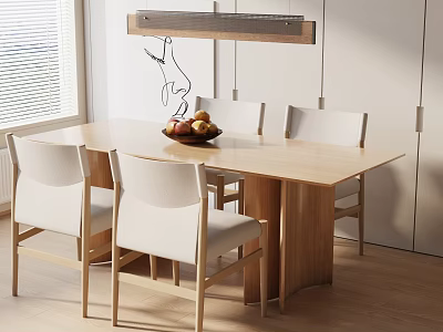 Modern Wooden Dining Table With Light Colored Chairs And Fruit Bowl Under Pendant Light 3d model