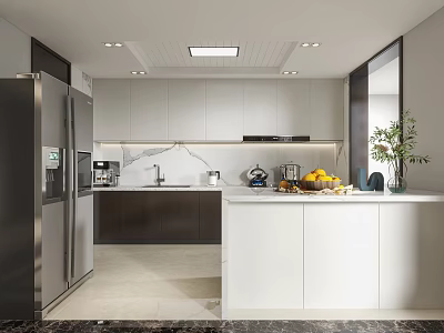 Modern Kitchen Interior With White And Dark Cabinets Island Stainless Steel Refrigerator And Appliances 3d model