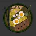 Delicious Ramen Bowl With Sliced Meat Soft Boiled Eggs Green Onions Chopsticks And Spoon