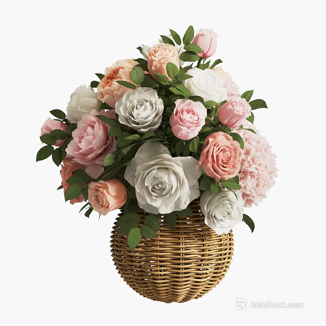 Beautiful Wicker Basket Vase With Pink White Peach Roses Hydrangea And Green Leaves 3d model 