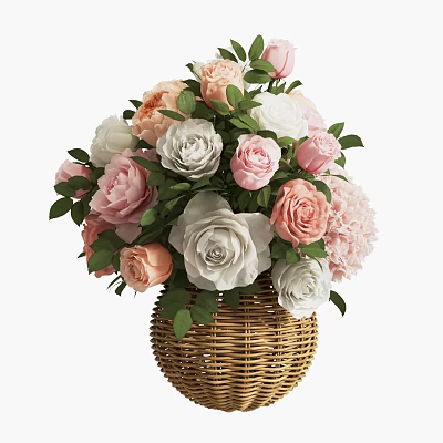 Beautiful Wicker Basket Vase With Pink White Peach Roses Hydrangea And Green Leaves 3d model