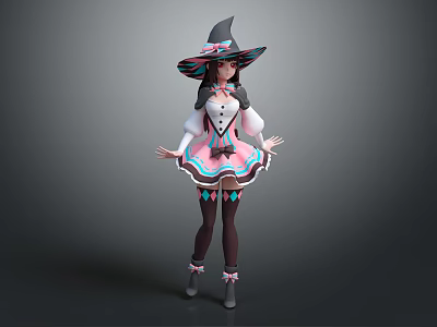 Game Movie Character With Witch Hat Pink Blue Dress White Top Black Stockings Bow Decorations 3d model