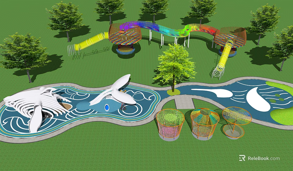 Outdoor Playground Equipment With Colorful Slides Whale Shaped Area And Climbing Nets 3d model 