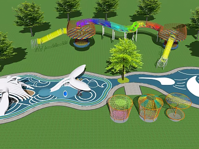 Outdoor Playground Equipment With Colorful Slides Whale Shaped Area And Climbing Nets 3d model