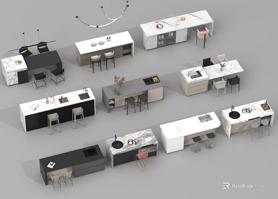 Various Modern Bar Counter Designs With Marble Tops And Dining Chairs 3d model