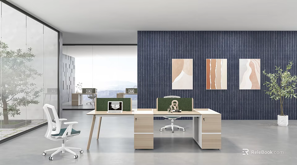 Modern Office Desk Setup With Ergonomic Chair Wooden Top And Wall Art Decor 3d model 