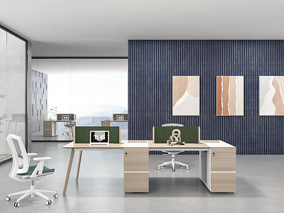 Modern Office Desk Setup With Ergonomic Chair Wooden Top And Wall Art Decor 3d model
