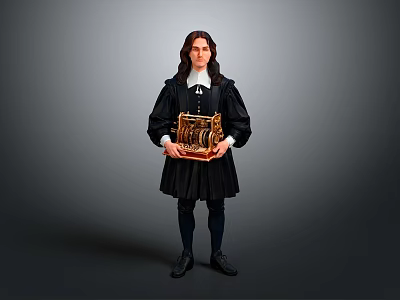 A man in black robe with white collar holding golden intricate object against gray background 3d model