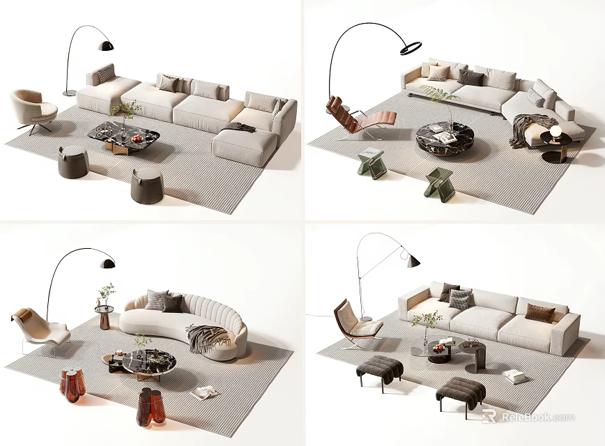 Modern Sofa And Coffee Table Set With Floor Lamp Stools Plants And Rug 3d model
