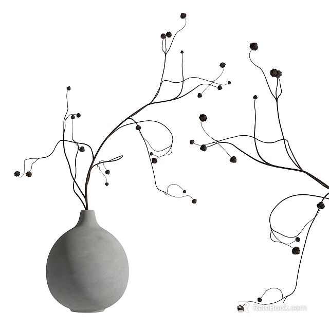 Minimalist Ornament Decoration Set With Gray Vase Curved Branches And Black Berries 3d model 