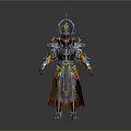 Mythical Character And Armored Creature With Intricate Spiked Armor Ornate Headpiece Blue Orange Accents
