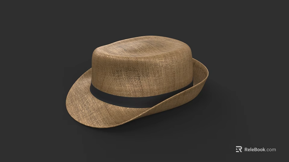 Light Brown Straw Hat With Black Band And Flat Top Design 3d model