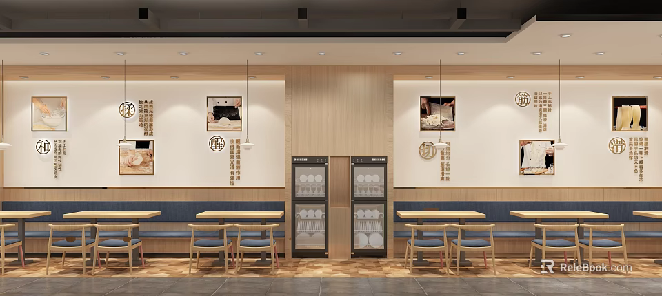 Cozy Restaurant Interior With Wooden Tables Blue Seats Decorative Paintings And Display Cabinets 3d model 