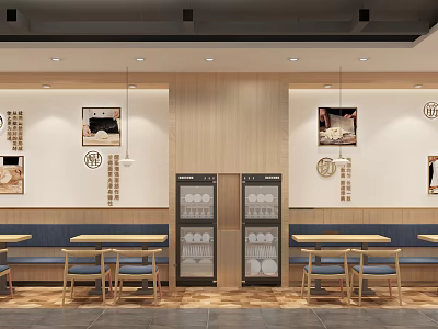 Cozy Restaurant Interior With Wooden Tables Blue Seats Decorative Paintings And Display Cabinets 3d model