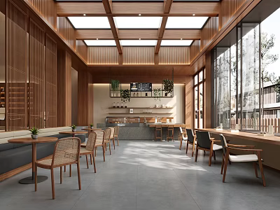 Modern Cafe Interior With Wooden Walls Skylights Large Windows Bar Counter And Green Plants 3d model
