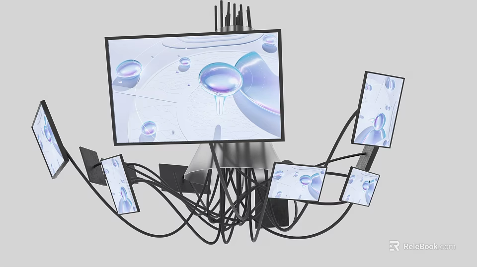 Creative Art Installation Featuring Multiple Screens Water Droplet Patterns Transparent Spheres Connected By Black Cables 3d model 