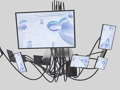 Creative Art Installation Featuring Multiple Screens Water Droplet Patterns Transparent Spheres Connected By Black Cables 3d model