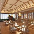 Traditional Tea House Interior With Wooden Furniture Hanging Lanterns And Large Windows