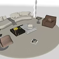 Modern L shaped Sofa and Coffee Table Set with Cushions Brown Armchair Floor Lamp and Magazine