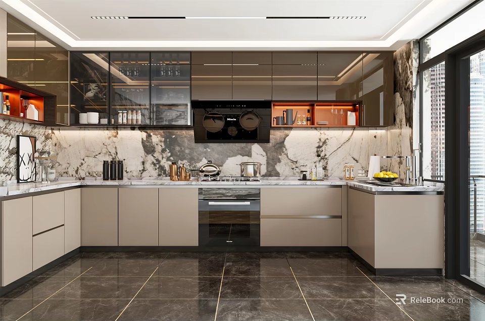 Modern Kitchen Interior Design With Marble Countertop Backsplash Light Cabinets And Appliances 3d model 