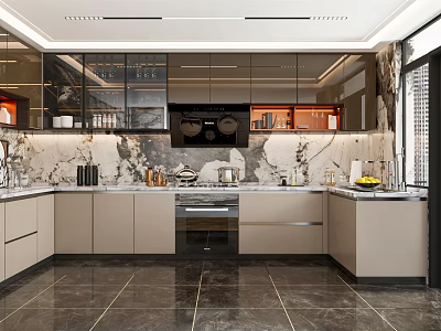 Modern Kitchen Interior Design With Marble Countertop Backsplash Light Cabinets And Appliances 3d model