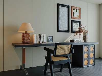 Modern Desk Design With Table Lamp Books Photo Frames Wall Art And Wicker Chair 3d model