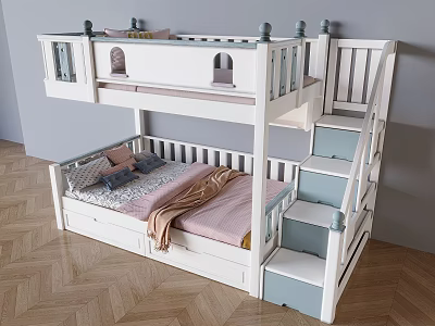 Solid Wood Cream Upper and Lower Bed Children's High and Low Bunk Bed 3d model