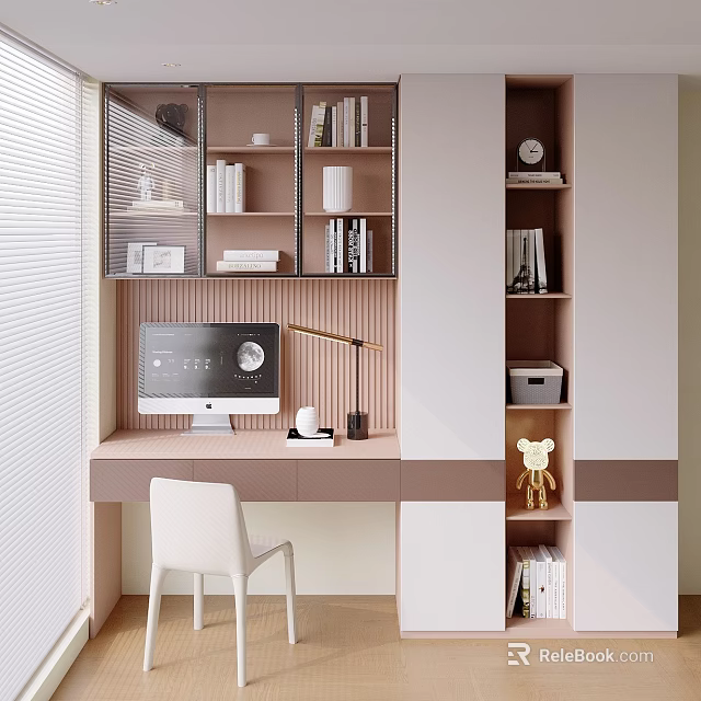 Modern Home Office Bookcase Interior With Computer Desk Lamp White Chair And Books 3d model 