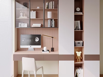 Modern Home Office Bookcase Interior With Computer Desk Lamp White Chair And Books 3d model